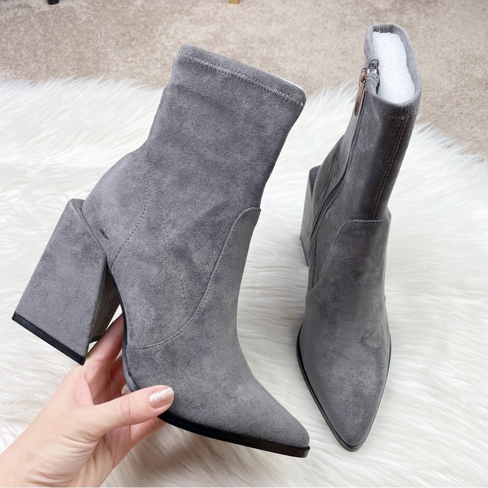 New Steven New York by Steve Madden Taite Pointed Toe Booties in Gray Faux Suede